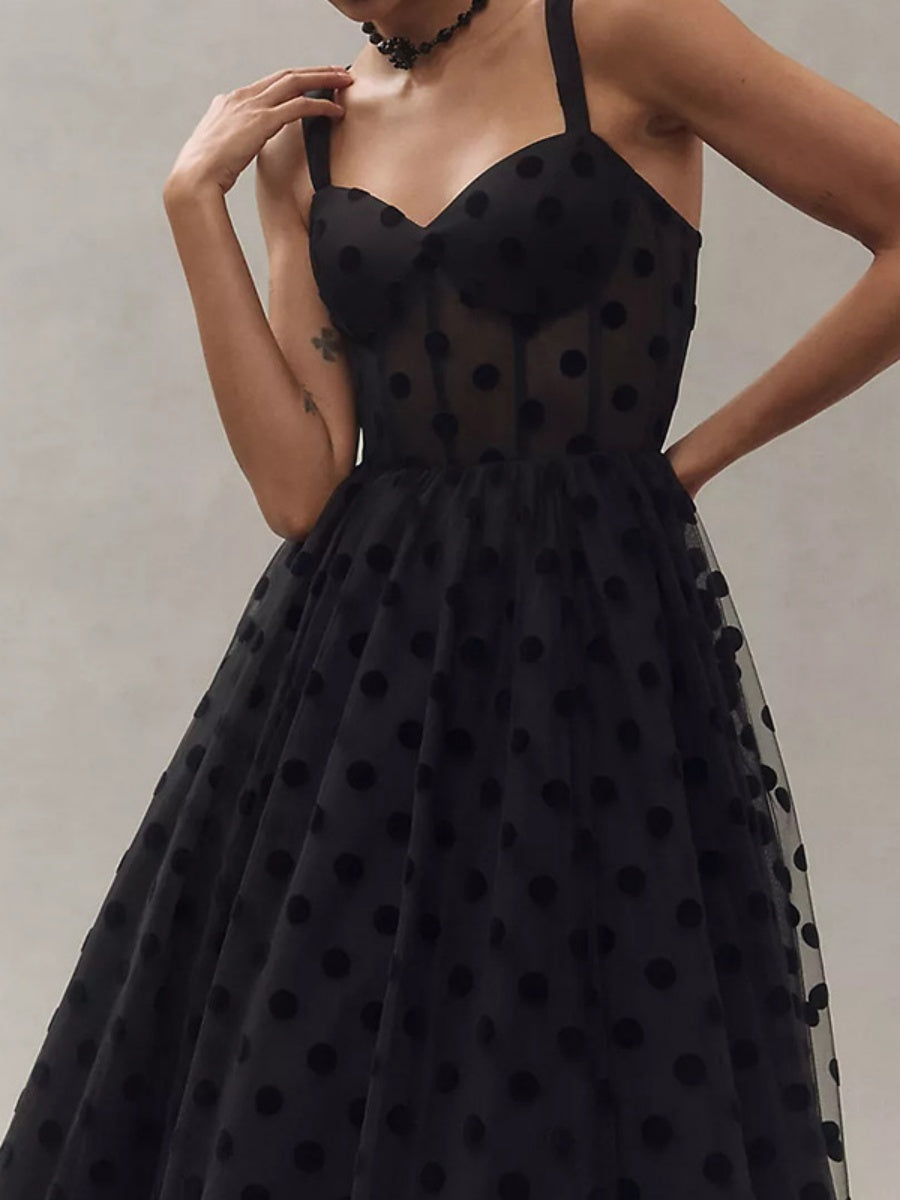 Mesh Polka Dots Temperament Little Black Dress Reunion Maxi Dresses