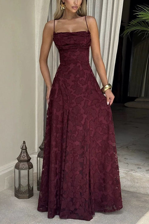 Spaghetti Strap Backless Lace-up Jacquard Maxi Dress