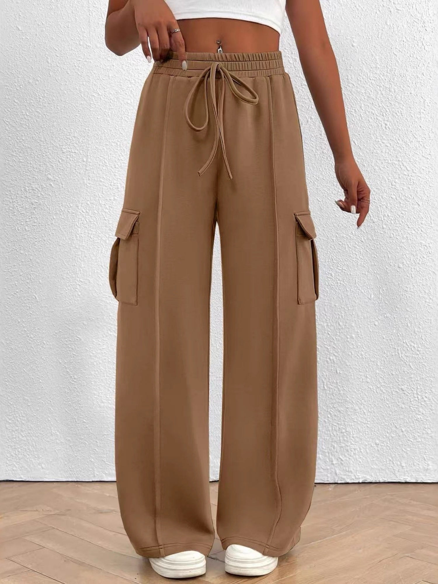 Elastic Waistband Lace Up Pocket Cargo Trousers