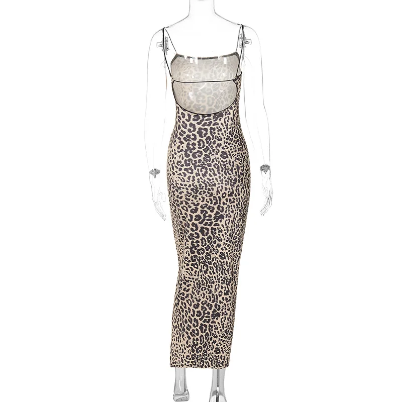 Leopard Print Spaghetti Backless Long Women'S Dresses Summer Elegant Evening Beach Vacation Dress Party Ladies Outfit