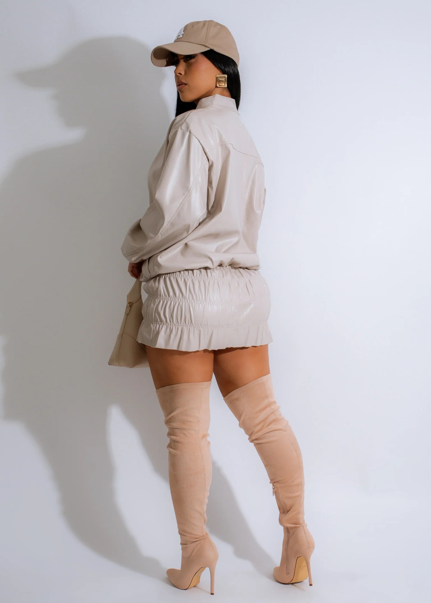 Autumn Winter Solid Color Long Sleeve Faux Leather Casual Wrinkle Removal Small Stand Collar Skirt Two Piece Sets