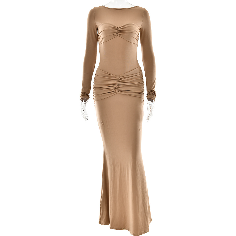 Pleated Sheath Dress Sexy Solid Color round Neck Long Sleeve Slim Fit Dress