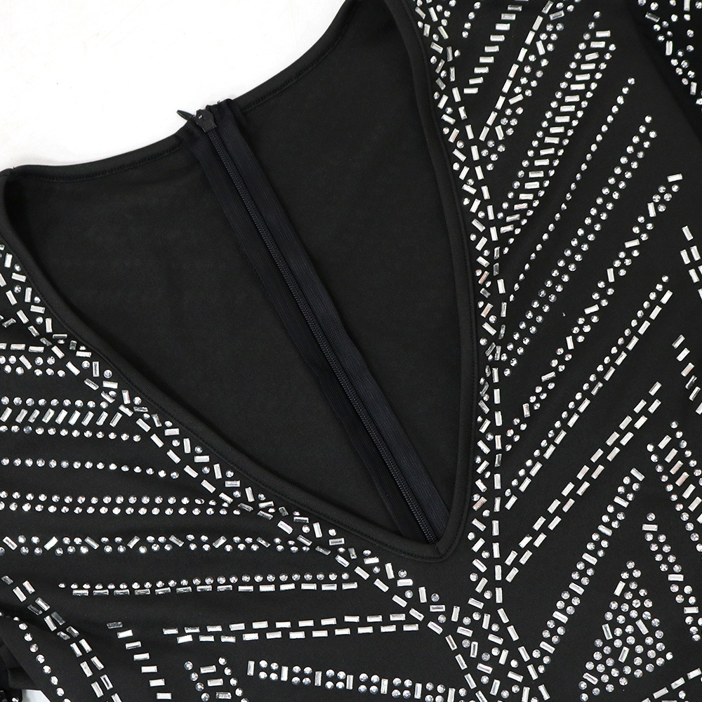 Sexy Deep V Plunge-neck See-through Polyester Mesh Long Sleeve Stitching Straight Slim Fit Bodysuit Women Clothing
