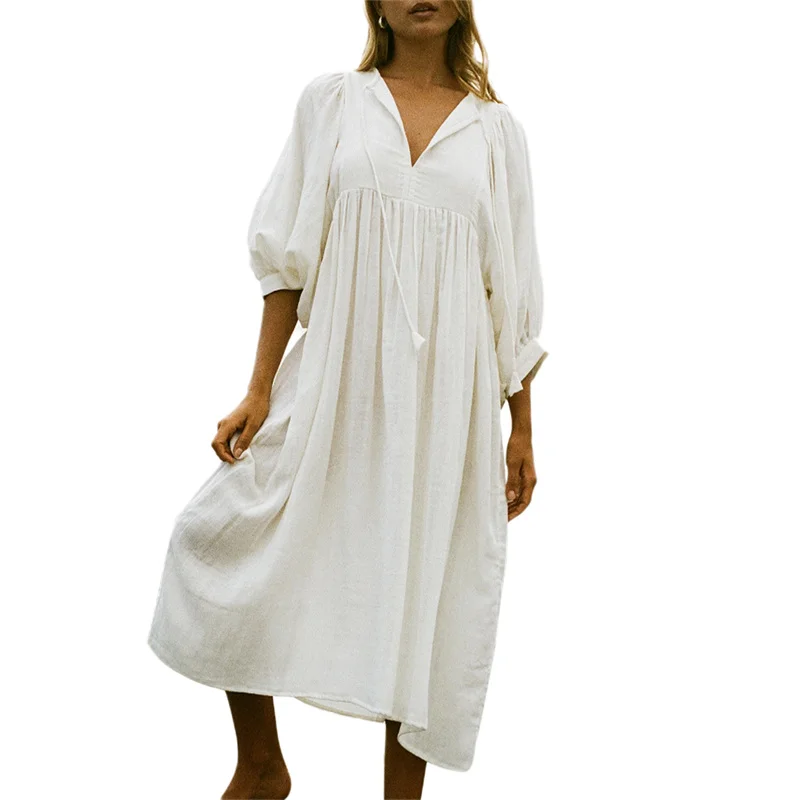 Beach Party Dress Women Summer Solid Color Round Neck Tie Front Puff 3/4 Sleeve Loose Midi Dress Vacation Dresses