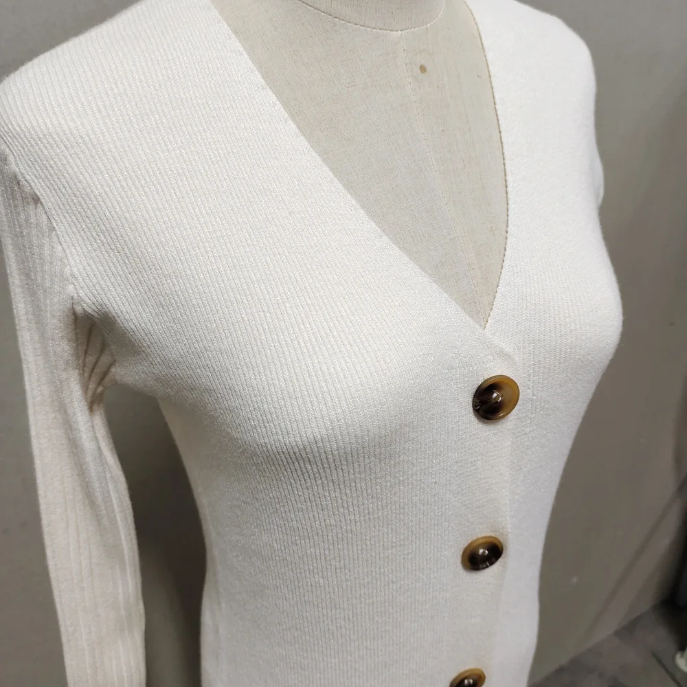 Spring New Knitted Sweater Dress V Neck Long Sleeve Bodycon Midi Dress Cardigan Knitwear Ladies Casual White Dresses 2025