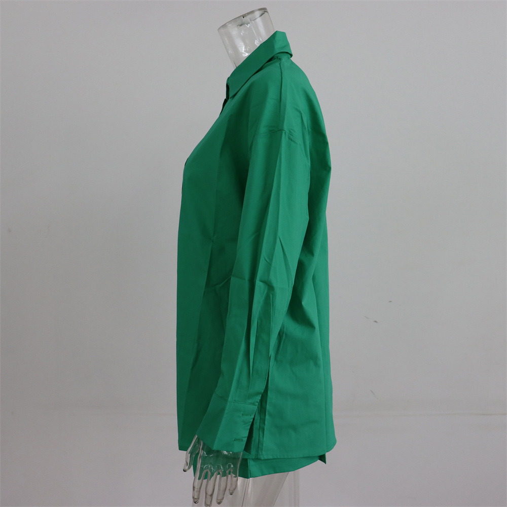 Spring Summer Two Piece Set Solid Color Single Breasted Long Sleeve Collared Shirt Shorts Loose Casual Set