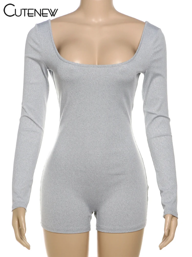 Casual Ribbed Women Playsuits Fashion Solid Autumn Full Sleeve Crew Neck Stretch Slim Rompers Female Gym Track One Piece