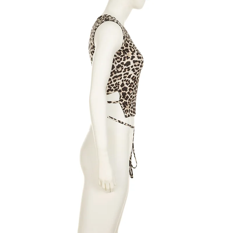 Fashion Double Wear Skirt Suit Female Leopard Print Lace Up Sleeveless Vest Irregular Splice Skirt Two Pieces Set Women's