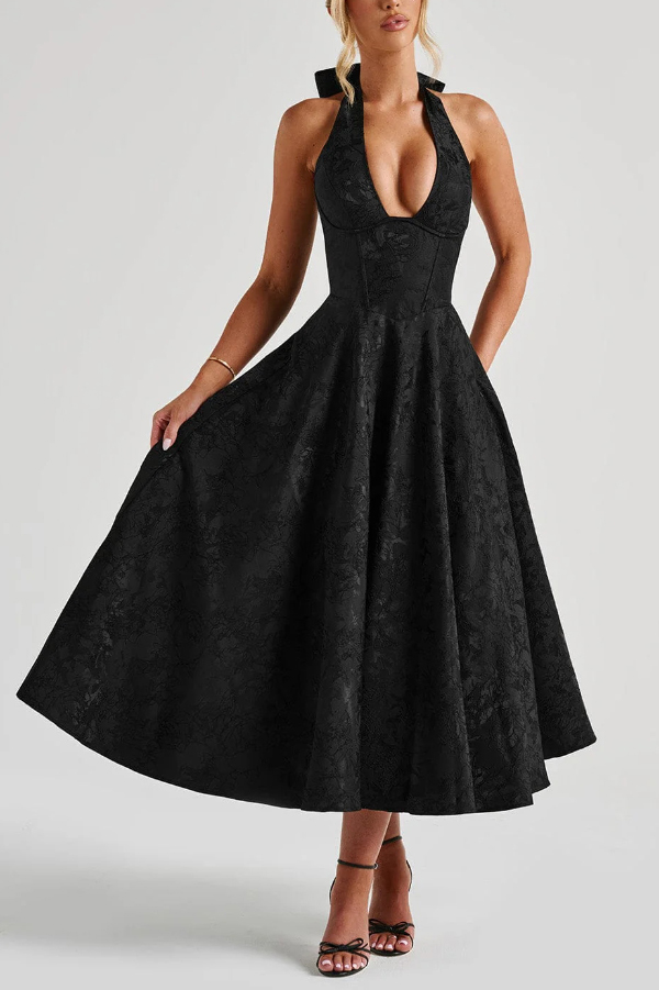 Stylish Jacquard Halter Neck Fitted Waist Open Back Elegant Midi Dress