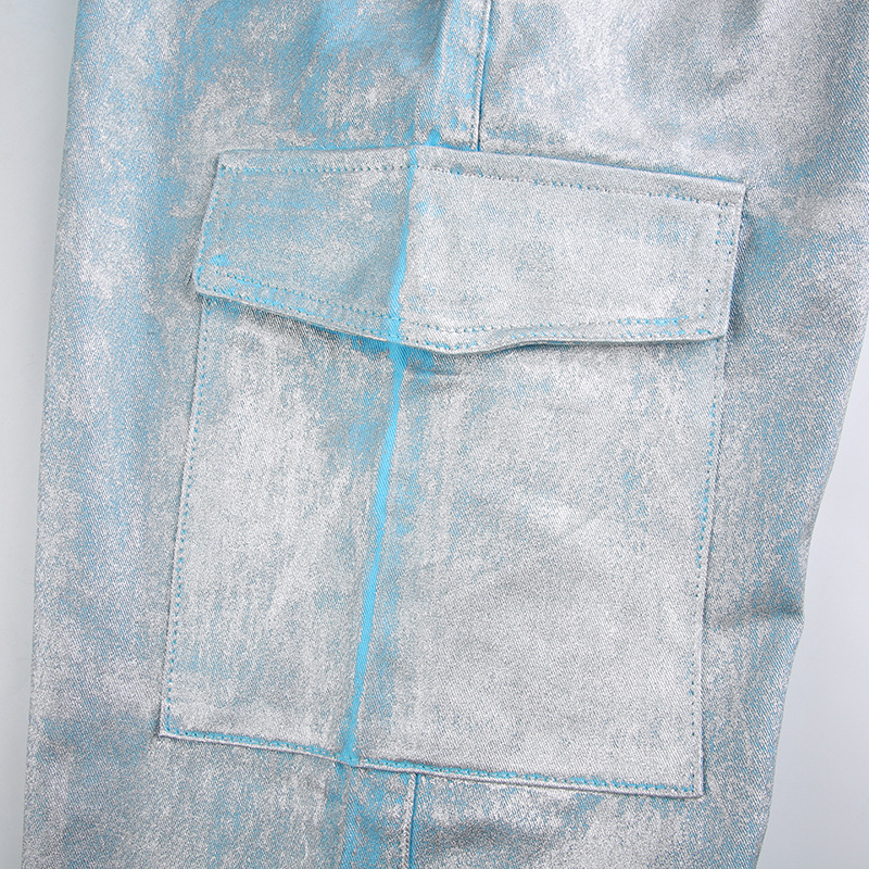 Women Clothing Metallic Coated Fabric Bright Silver Jeans Workwear with Pocket Casual Pants Straight Leg Pants Sets