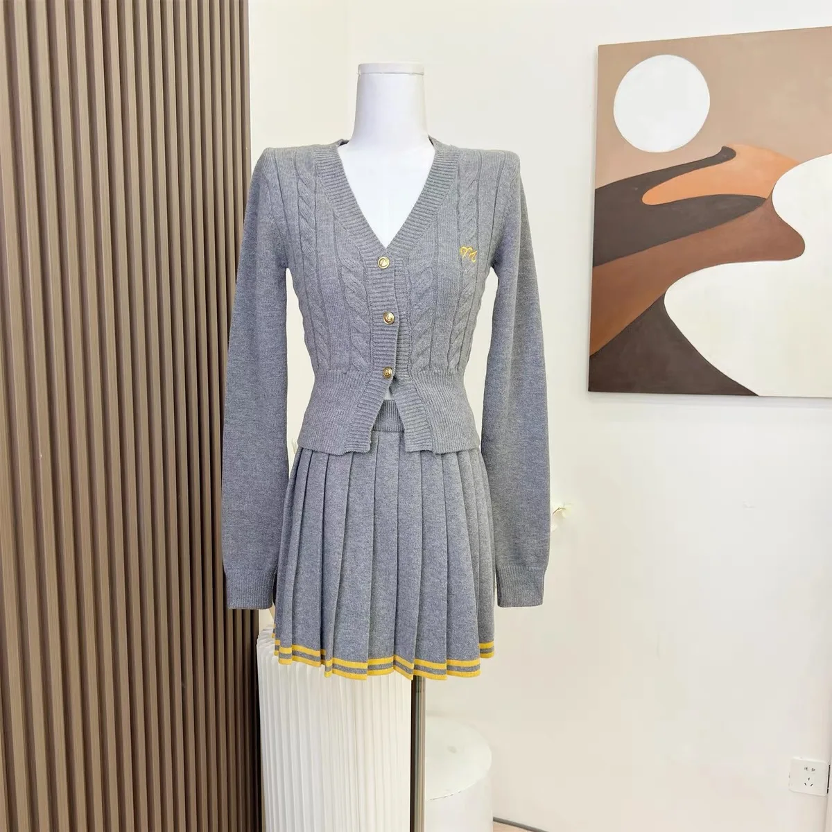 Autumn Knitted Two Piece Skirt Set Women Long Sleeve Single Breasted V-neck Top Mini Pleated Skirt Korean Chic Female Outfit New