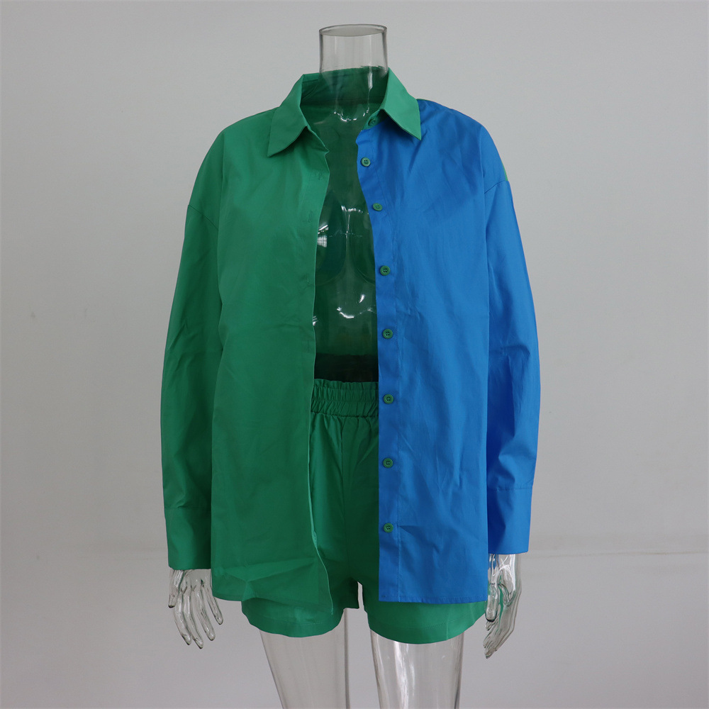 Spring Summer Two Piece Set Solid Color Single Breasted Long Sleeve Collared Shirt Shorts Loose Casual Set