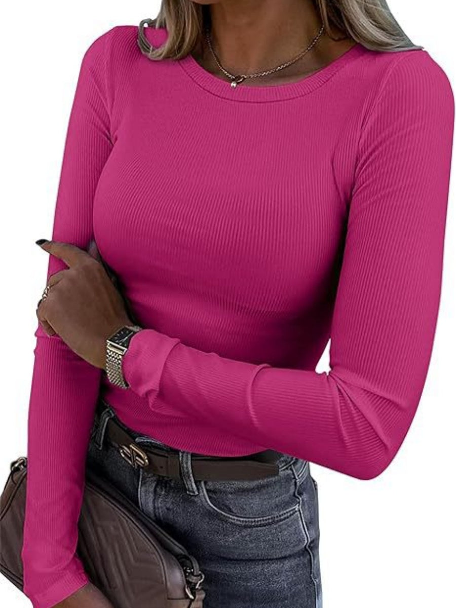 Pit Strip Long Sleeve Elastic Crew Neck Ribbed Slim Fit Basic T-shirts