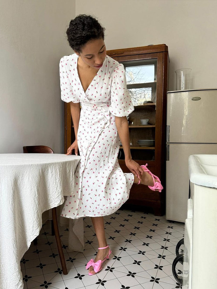 Pure Cotton Bandage Wrap-up Puff Sleeve Printed Comfort Maxi Dresses
