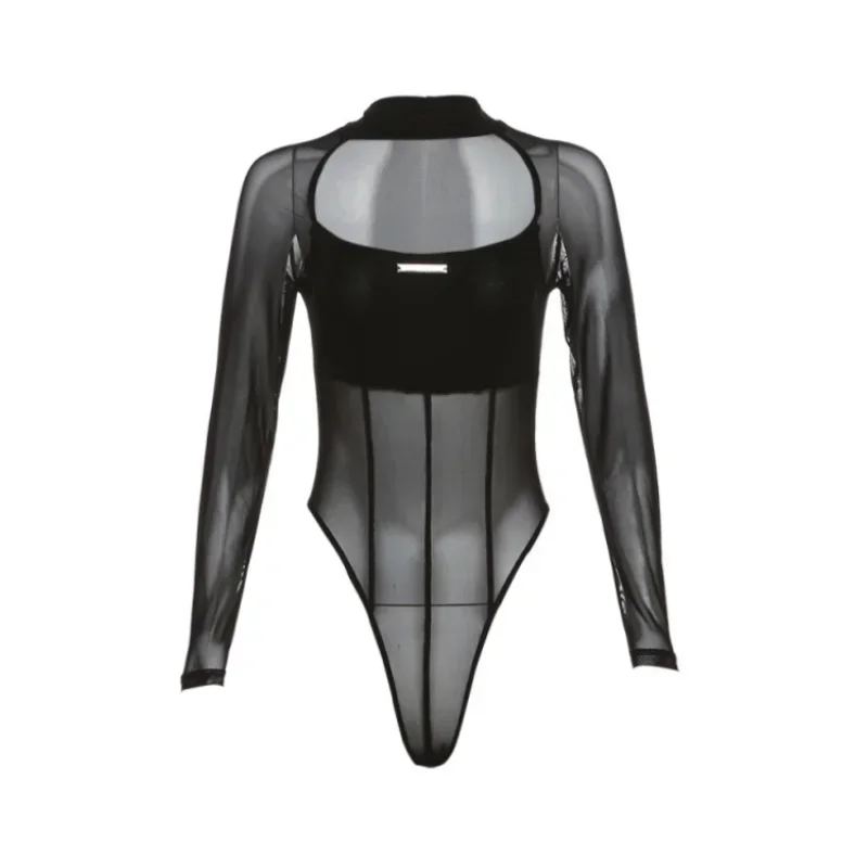 Summer Fashion Solid Colour Sheer Festival Outfit Casual Slim Hollow O-Neck Long Sleeve Lingerie Sexy One-Piece Mesh Bodysuit