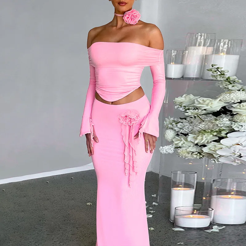 Winter New Sexy Long Sleeved Half Skirt Set For Woman 3D Flower Slim Tight Long Skirt Party Evening Dress Two Piece Set