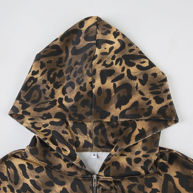 Autumn New Zip Up Hooded Women��s Sweats Long Sleeve Binding Waist Leopard Streetwear Hoodies Gyaru Baddie Y2k