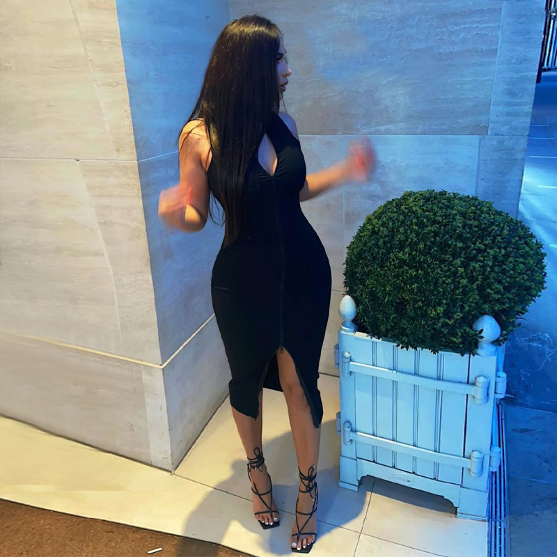 Sexi Night Dress Hot Club Outfits Women One Piece Aesthetic Clothes Sleeveless Bodycon Vestidos De Mujer Zipper Black Streetwear