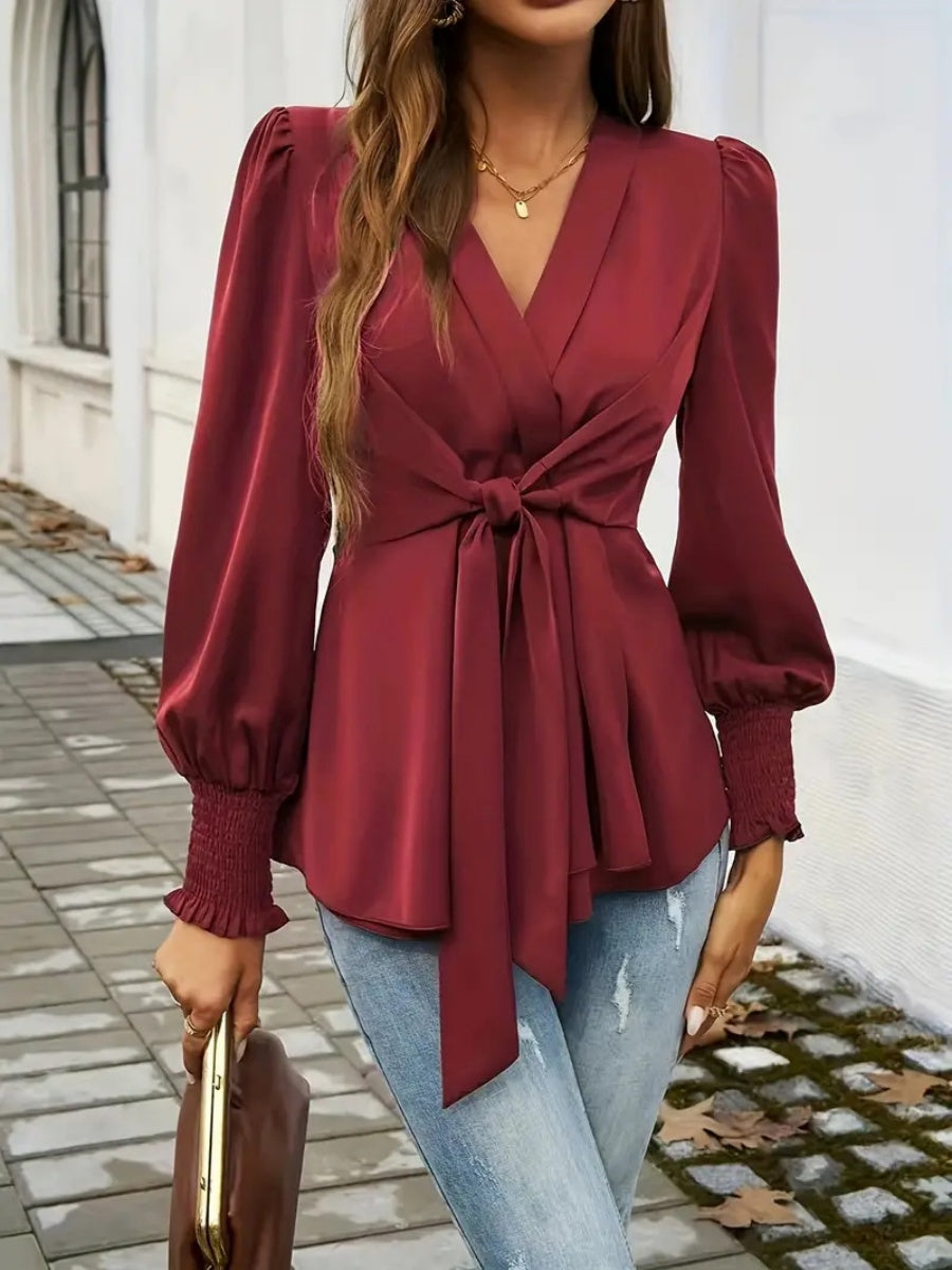 V-neck Tie-waist Solid Color T-shirt