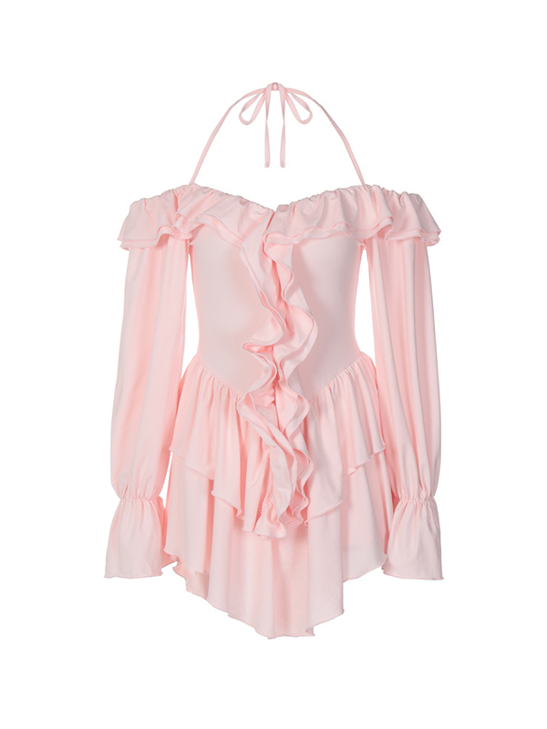 Solid Halter Ruffled Trim Mini Dress