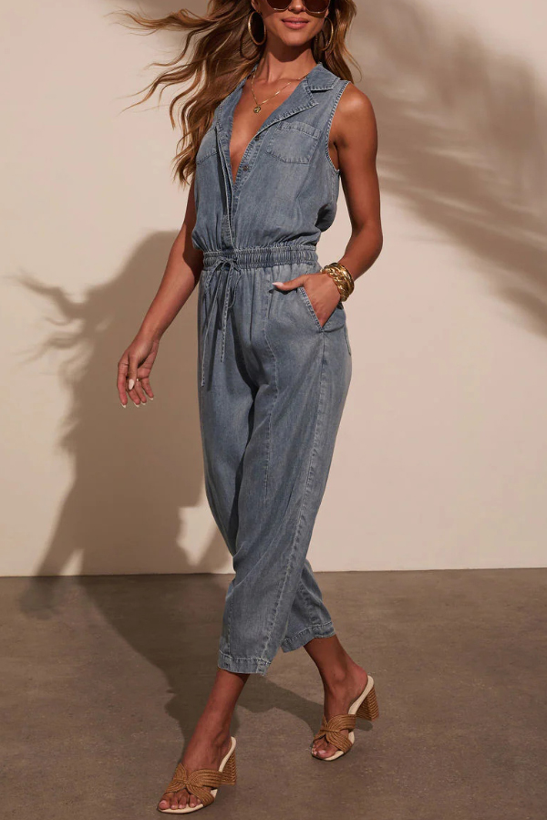 Stylish Collared Sleeveless Elastic Waist Tie Casual Pocket Denim Jumpsuit