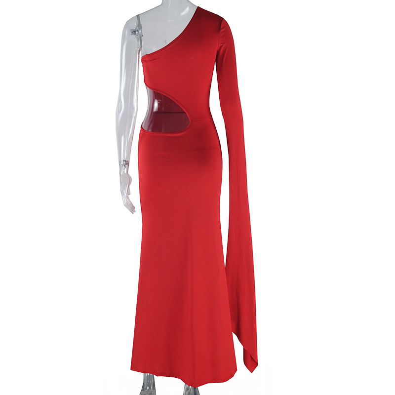 Women Clothing Solid Color Dress Sexy Cold Shoulder Sleeveless Bell Sleeve Hollow Out Cutout out Elegant Dress Dress