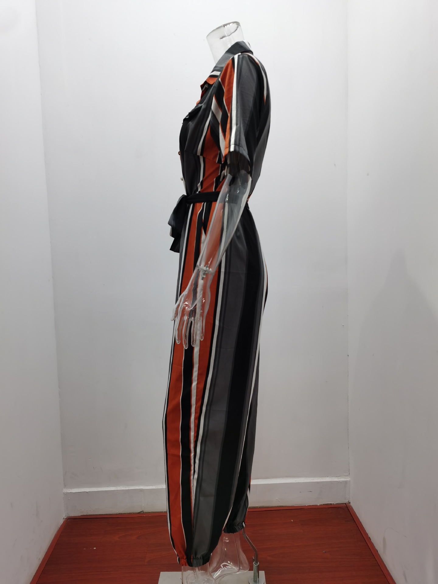 Women Clothing Trousers Casual Collared Button Printed Belt Cargo Overalls Plus size