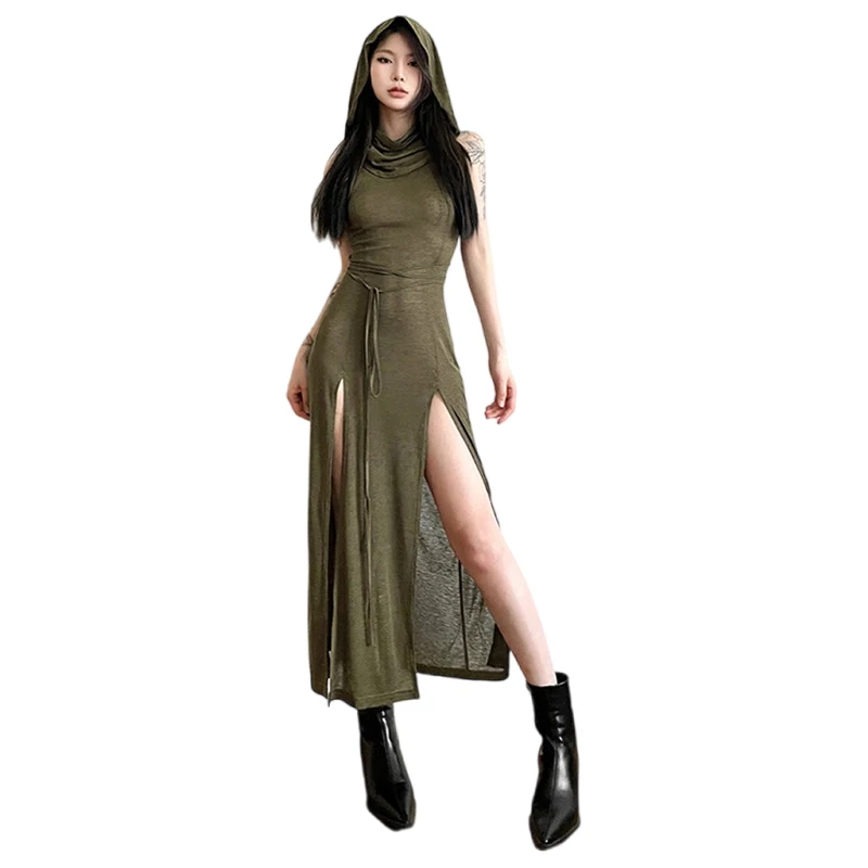 Grunge Dress y2k Women Clothes Solid Color Sleeveless Hollow Out Back Slit Hooded Dress 2000s Halloween Party Dresses