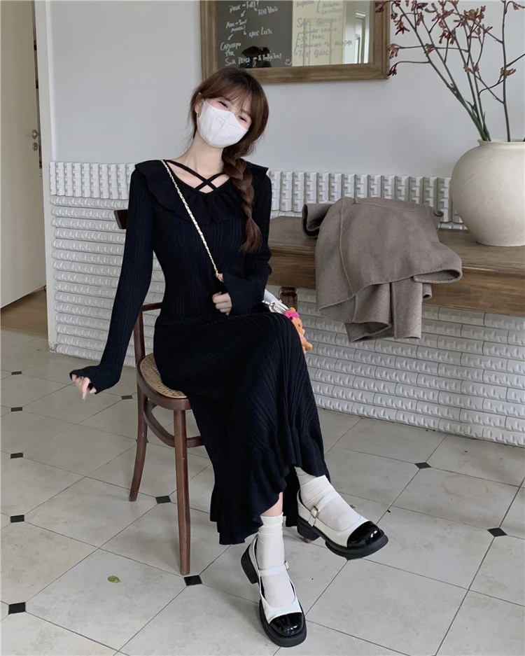 Autumn Knitted Dresses for Women Ruffles V-neck Solid Bodycon Casual Solid Midi Dress Korean Fashion Vestidos Mujer New Knitwear
