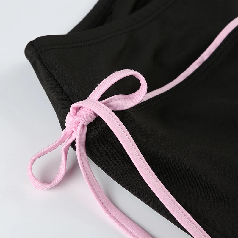 Contrast Lace-Up Low Waist Y2K Flared Pants Women Black Basic Simple Casual Sweet Style Trousers