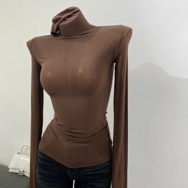 Thin Soft American Long Sleeve T-shirt High Stacked Neck Tight Perspective Bottom Shirt Women's Slim Fit Tops Sexy Streetwear