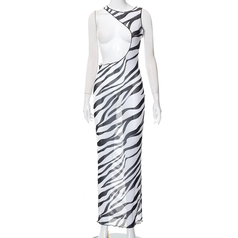 Bodycon Long Dresses For Women Beach Style Backless Vestidos De Mujer Hollow Out Sexy Robe Femme _t�� Y2k Clothes Zebra Print