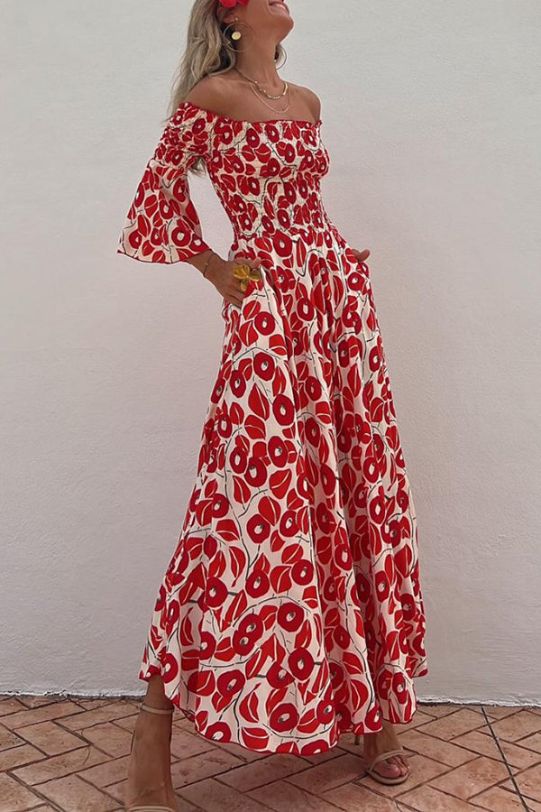 Vacation style fashionable floral print pleated one shoulder design pocket long dress