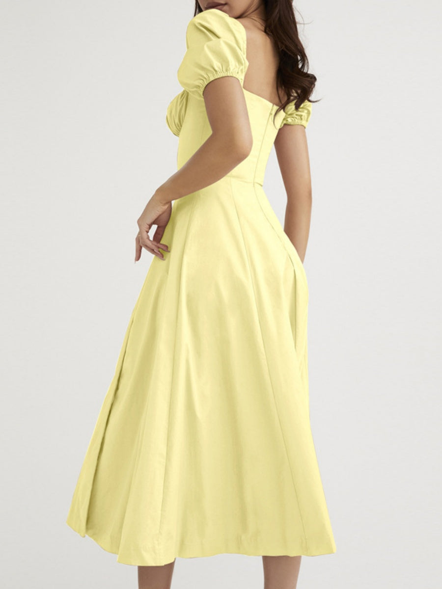 Square Collar Bandage Puff Sleeve Slit Midi Dresses