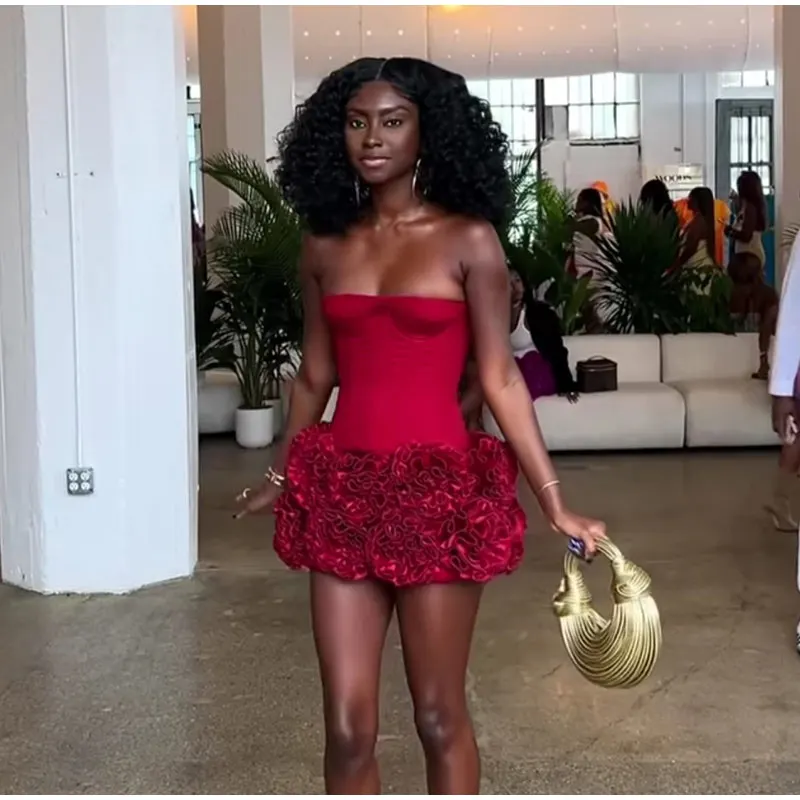 Christmas Red 3D Flowers Skirt Suit Women Bandage Adjustable Tube Top Floral Short Skirt Set Lady Party New in Matching Outfits