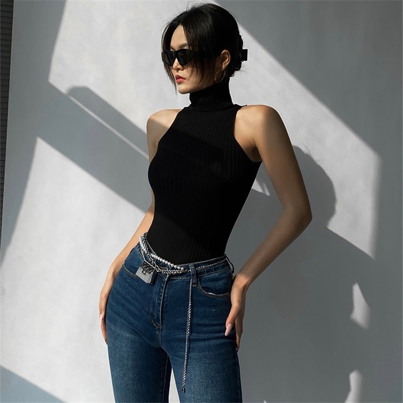 Summer High Neck Vest Women Sleeveless Solid Color Knit Ribbed Slim Fit Tank Tops y2k Clothes Lady Basic Clubwear