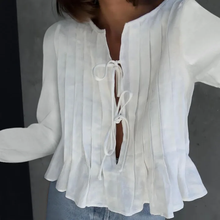 Patchwork Fashion Lace-Up Shirts Top For Women Hollow Out Casual Bandage Solid Elegant Long Sleeve Top Female Cropped Tee