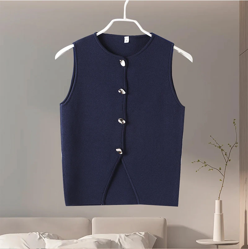 Fashion Knitted Vest Top for Women Short Sleeve V-neck Buttons Loose White Waistcoat Cardigan Female Autumn New in Outwears