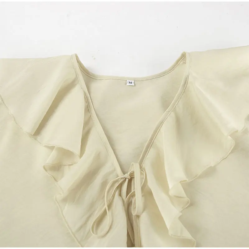 Loose Ruffles Shorts Set For Women 2 Pieces V Neck Hollow Out Shirts Wide Leg Short Pants 2025 Spring Summer Lady White Suit