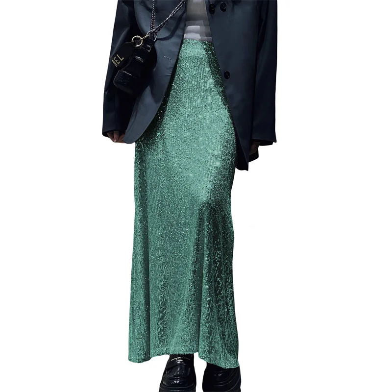 Sequin Long Skirts for Women Solid Color Elastic High Waist Skirt Fashion Elegant Ladies Evening Party Skirt Clubwear