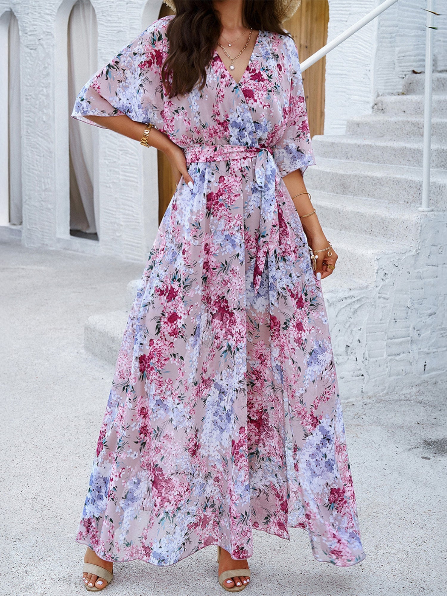 Printed Straps V-neck Short Sleeve Slit Maxi Dresses