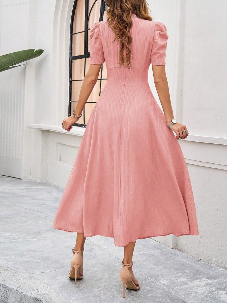 Pleated Waist Short Sleeve Maxi Dresses