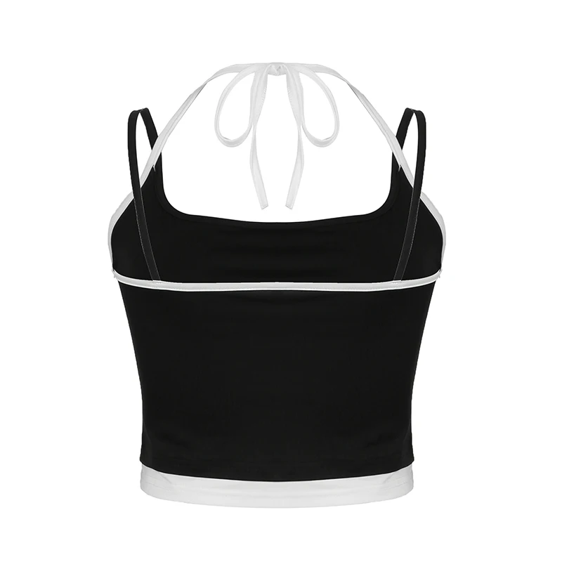 Contrast Patchwork Halter Lace-Up Camisole Crop Top Women Basic Casual Streetwear