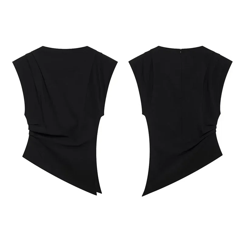 Casual Pleated Sleeveless Vest Women Irregular O-neck Split Shoulder Pad Solid Tank Top Fashion High Street Lady Slim Shirt New