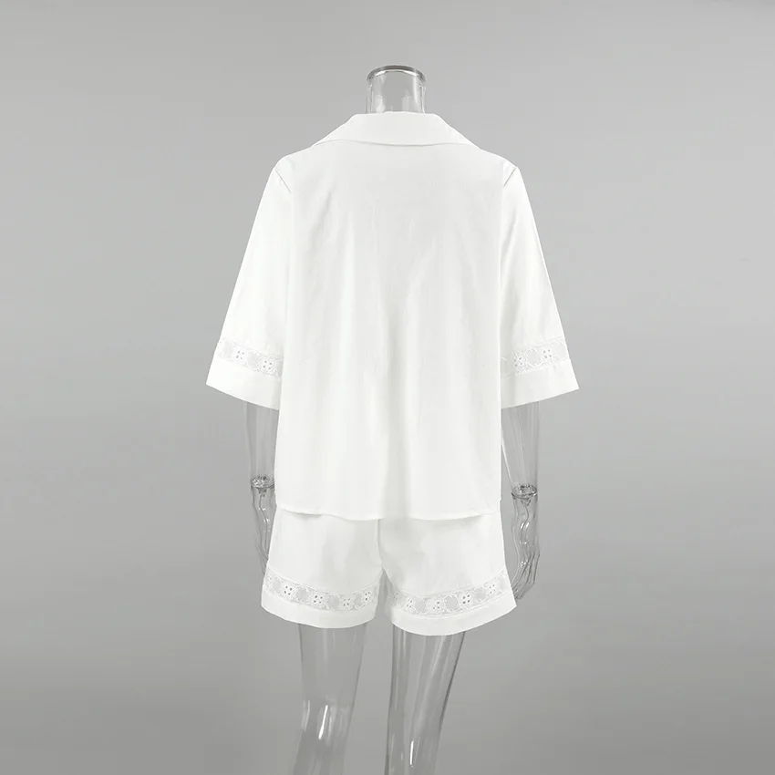 Fashion White Cotton Linen Hollow Out Lace Up Top And Short Pants Suit Women's Loose Top Casual Splice Sets Lady Summer