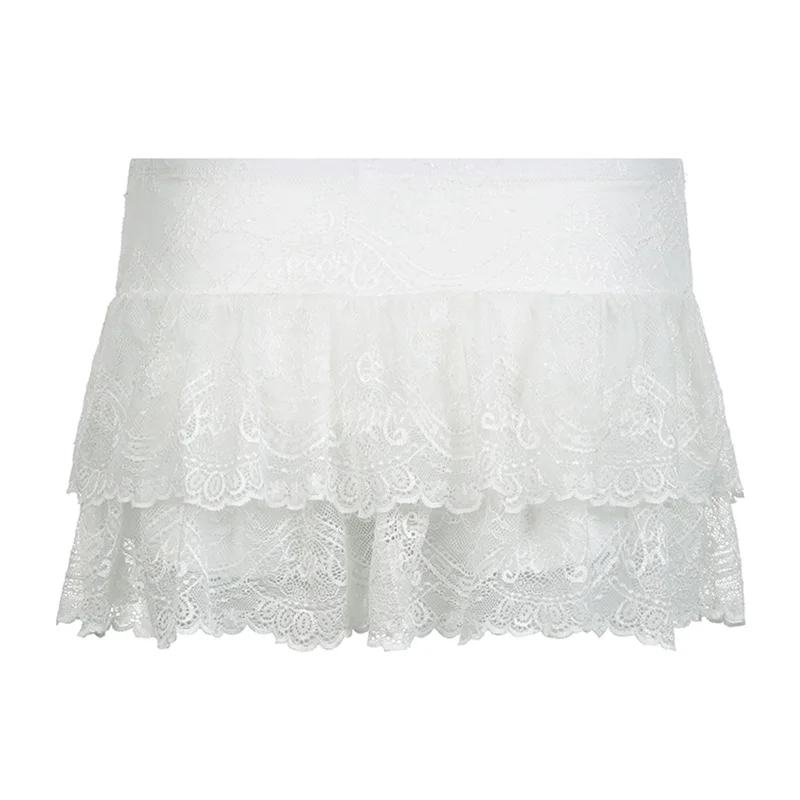 y2k Lace Skirt Women Fairycore Clothing Elastic Low Waist Tiered Skirt Lolita Kawaii Skirts 2000s Clothes Streetwear