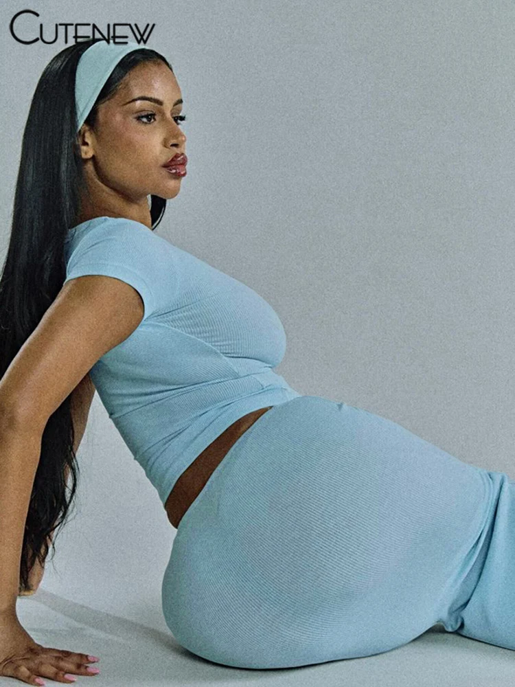 Casual Women Skirts Sets Concise Solid Short Sleeve O-neck Crop Tees+Matching Maxi Bottoms Female Trend Street 2 Piece