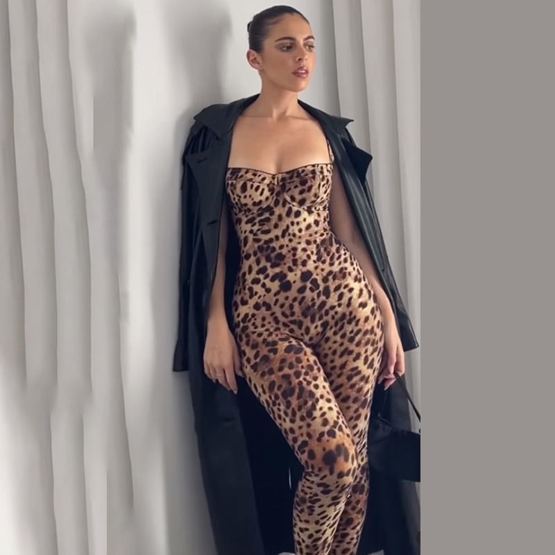 Spring Sexy Sling Backless Leopard Print High Waist Tight Hip Lifting Jumpsuit