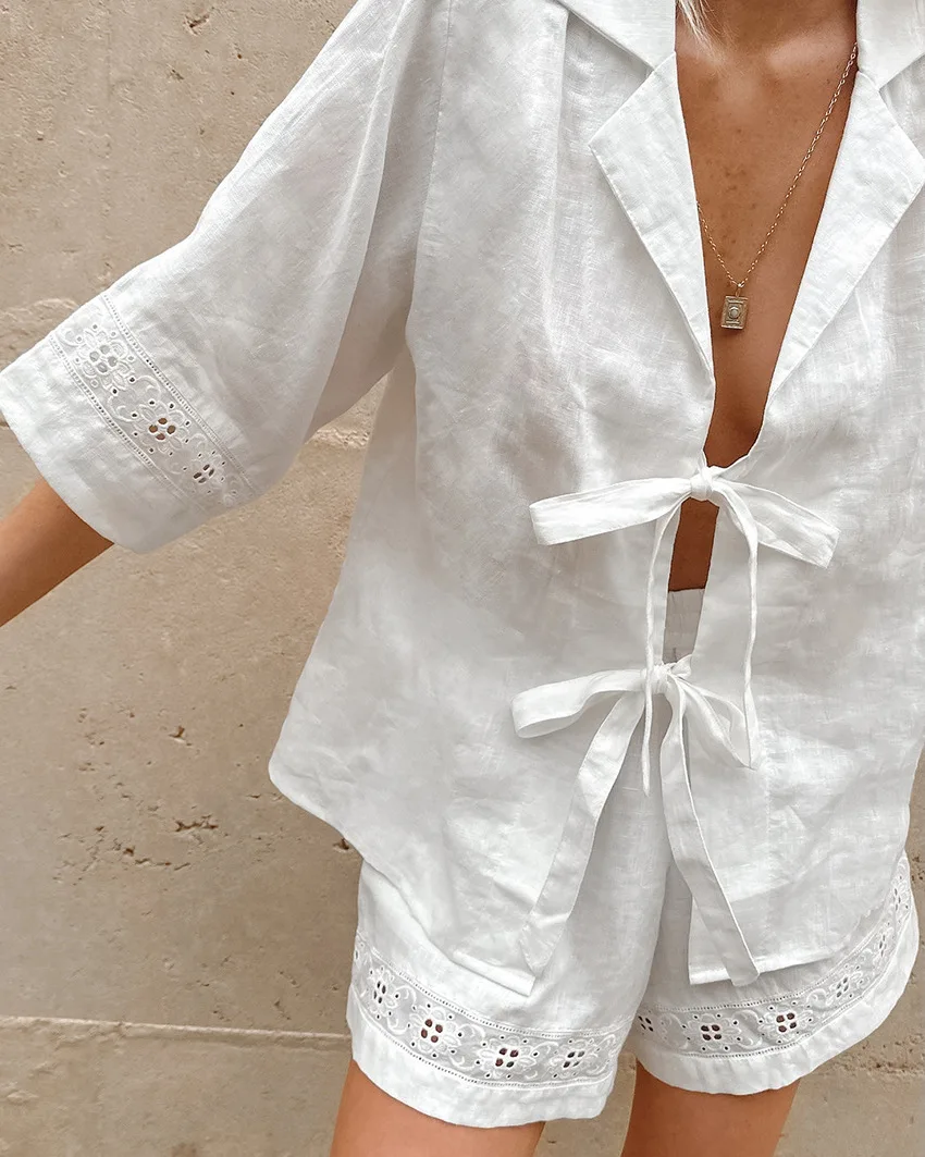 Fashion White Cotton Linen Hollow Out Lace Up Top And Short Pants Suit Women's Loose Top Casual Splice Sets Lady Summer
