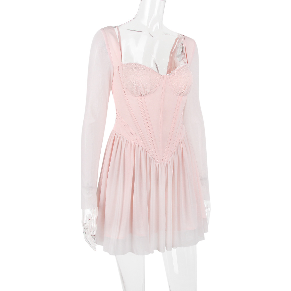 Women Clothing Mesh Long Sleeve Lace Stitching Boning Corset French Dress Barbie Cos Pink